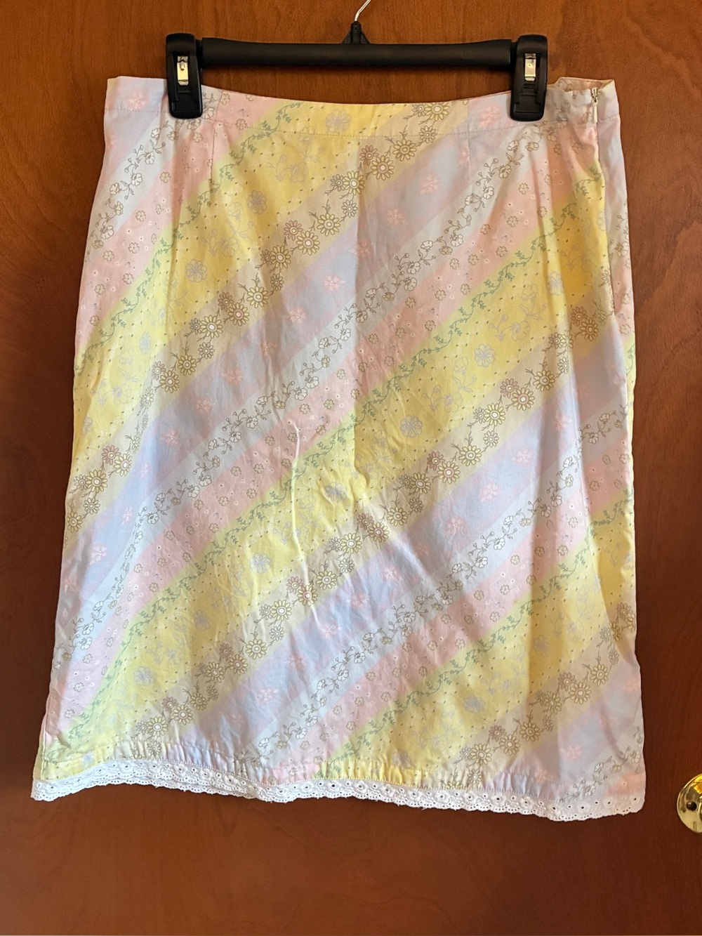 Christopher & Banks Pastel Diagonal Stripe Midi Skirt in Yellow, Pink & Blue
